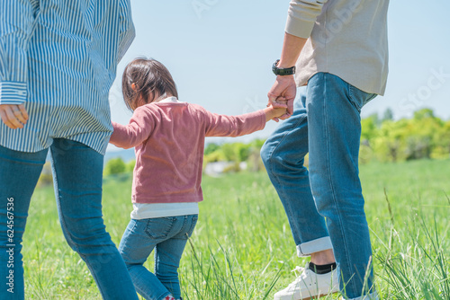 空の見える公園で手を繋いで歩く子供と両親のアジア人家族・ファミリーの後ろ姿
 photo
