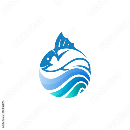 Abstract fish logo with circle design template, fish and wave, marine life