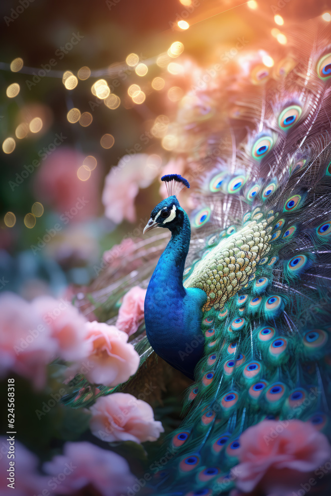Obraz premium Beautiful Peacock in a Flowers Garden