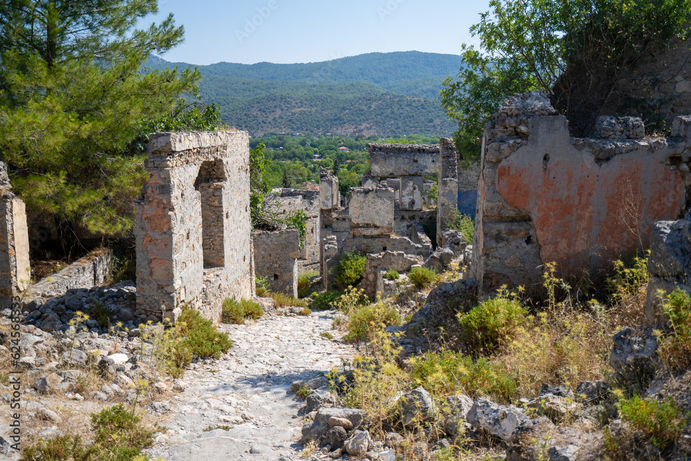 Stone street in the ghost town Kayakoy. Kayakoy is abandoned Greek village in Fethiye district, Turkey.
