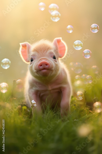 Cute Piglet with Bubbles in the Meadow