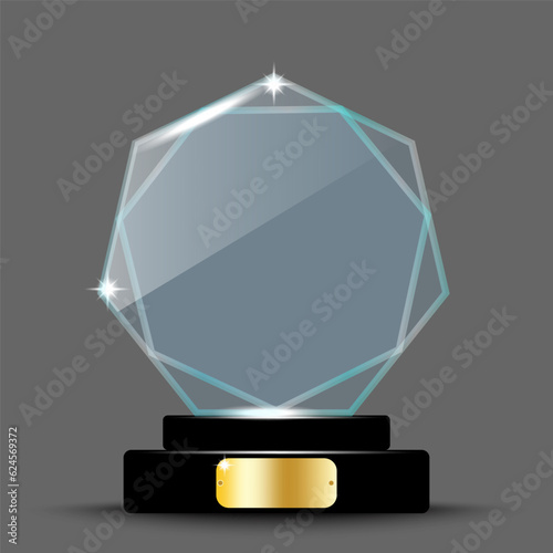 Realistic award layout design. Glass trophy in the form of an hexagon. 3d acrylic crystal hexagon. Vector illustration. stock image.