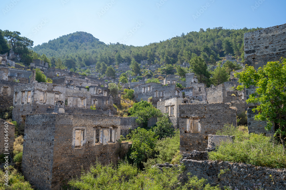 Ancient Greek house ruins in the ghost town of Kayakoy. Kayakoy is abandoned Greek village in Fethiye district, Turkey.