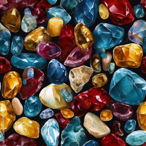 Realistic colorful gemstone illustration seamless pattern. Generative AI