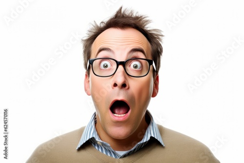 a adult man expressing surprise and shock emotion with his mouth open and big wide open eyes. isolated on white background. Generative AI