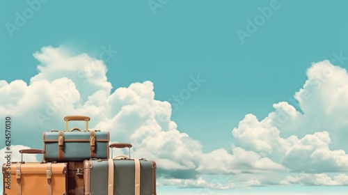 Wanderlust Adventure: Illustration of Colorful Suitcases, Planes, and Clouds on a Travel Banner with Space for Text
