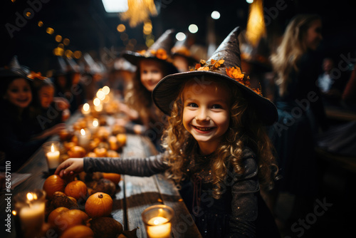 Spooky Kids' Halloween: Photo of Children with Witch Costumes and Pumpkins Galore - AI Generative