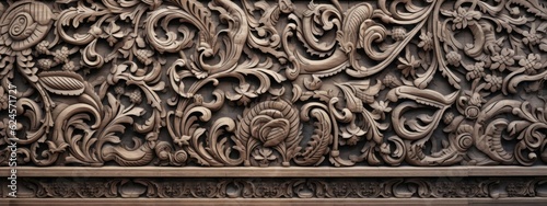 Intricate carvings and ornate designs adorn the surface of the wall texture. Generative AI