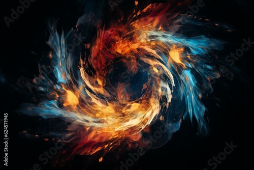 A fiery and watery spiral with a blue and orange swirl amidst a black backdrop  along with a red and blue swirl in the center. Generative AI