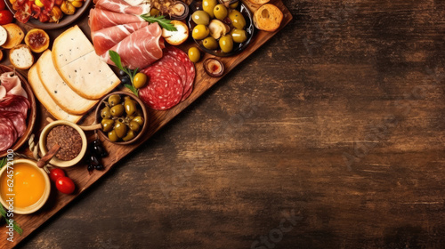 Tempting Tapas and Charcuterie. Banner with blank space for text. Culinary delights and food advertising concept. AI Generative