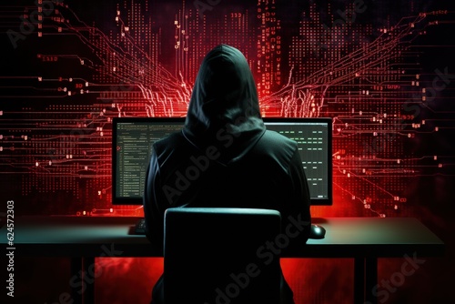 Silhouette of a man in a sweatshirt working on a computer with lines of code and binary digits around him, representing a hacker in action, Generative AI