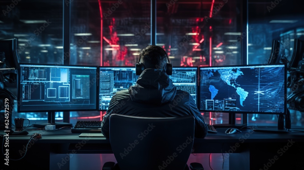 Hacker sitting at dimly lit futuristic workstation surrounded by monitors and computers, Generative AI Hacker sitting at dimly lit futuristic workstation surrounded by monitors and computers, Generative AI