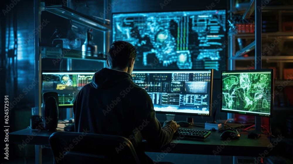 Hacker sitting at dimly lit futuristic workstation surrounded by monitors and computers, Generative AI