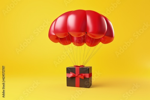 Red parachute with gift box isolated on yellow background, Generative AI