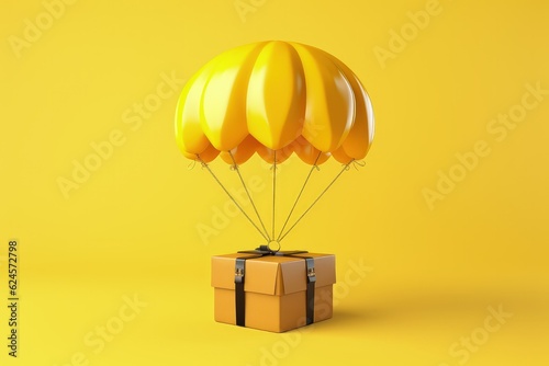 Parachute carrying parcel in package isolated on yellow background, parachute with box, Generative AI photo