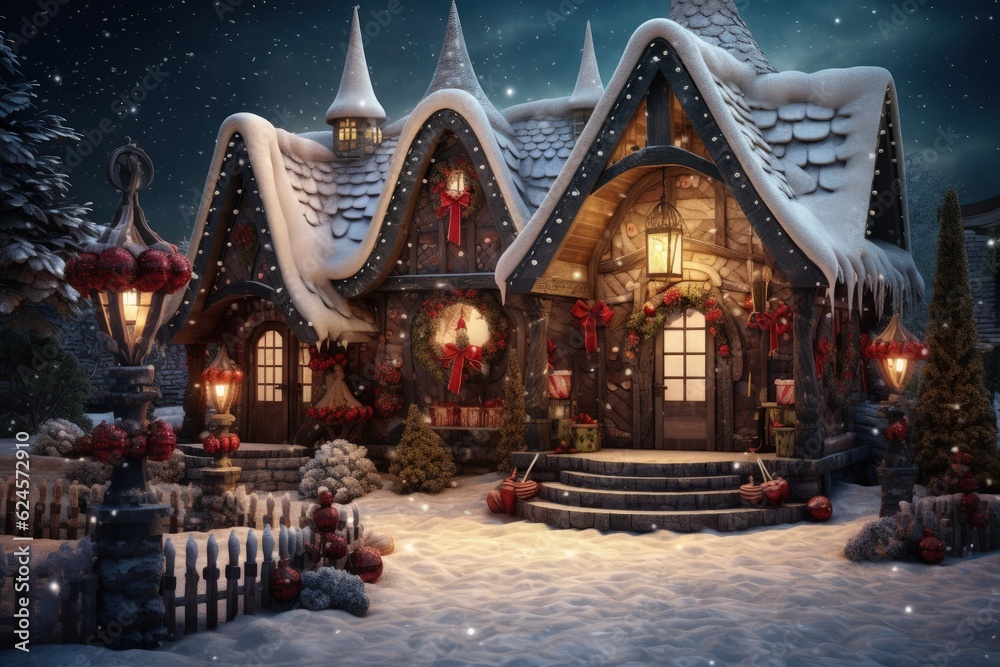 American house with Christmas decoration in winter season with a lot of snow, Christmas house facade, Generative AI