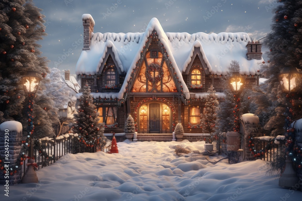 American house with Christmas decoration in winter season with a lot of snow, Christmas house facade, Generative AI American house with Christmas decoration in winter season with a lot of snow, Christmas house facade, Generative AI