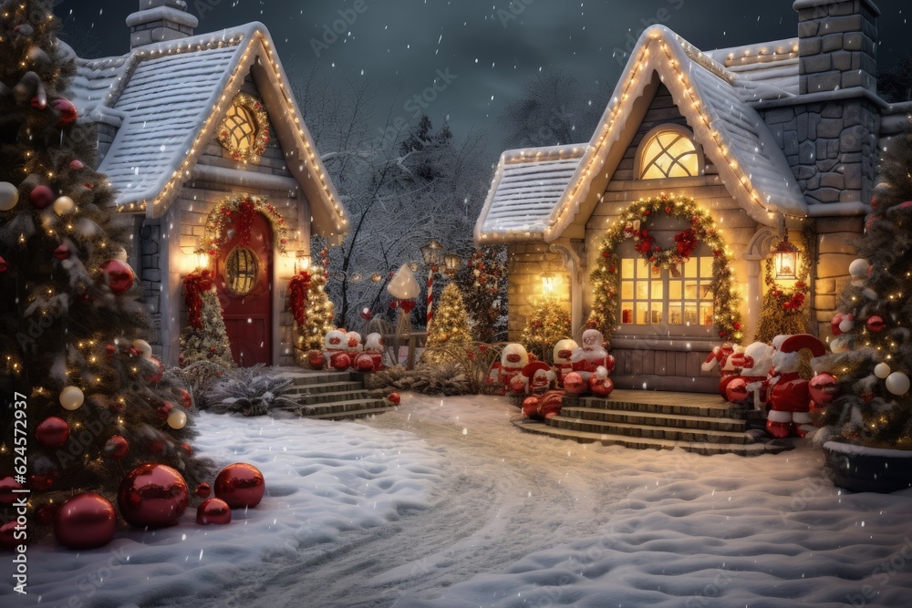 American house with Christmas decoration in winter season with a lot of snow, Christmas house facade, Generative AI