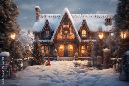 Wallpaper Mural American house with Christmas decoration in winter season with a lot of snow, Christmas house facade, Generative AI Torontodigital.ca