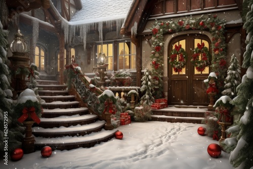 Christmas decoration home entrance with christmas tree and snow, Generative AI  © Kaleb