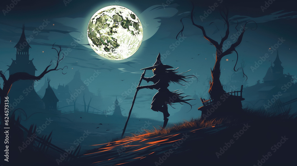 Moonlit Witch: Spooky silhouette of a witch in the night with moonlight and bare trees. Copy space. Halloween concept - AI Generative