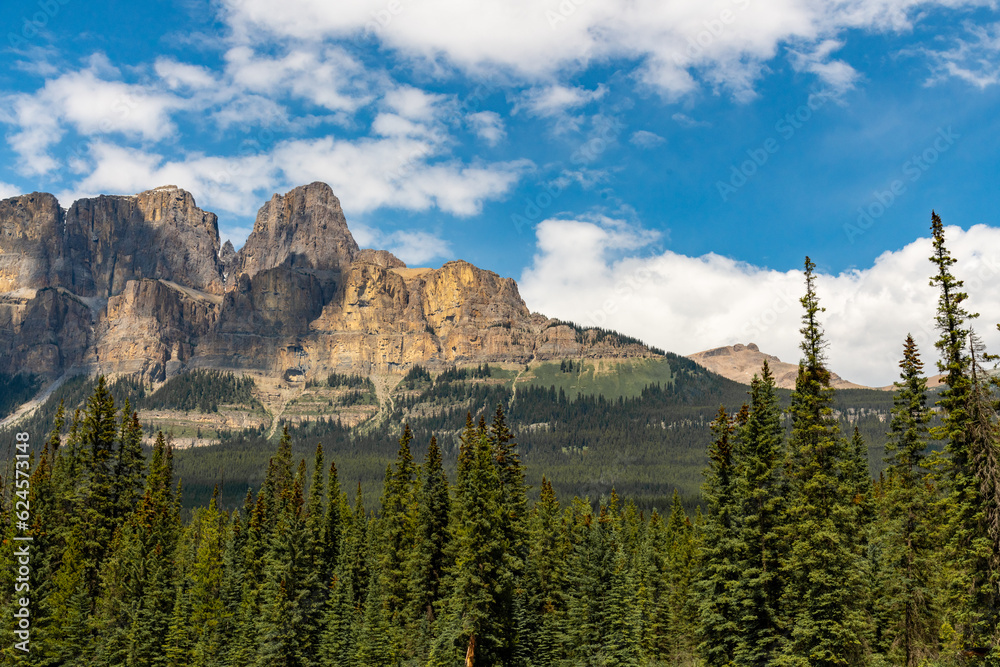 Fototapeta premium Summer time stunning views at Castle Mountain in Banff National Park with views along the turquoise Bow River in Alberta. Beautiful blue sky day with clouds. 