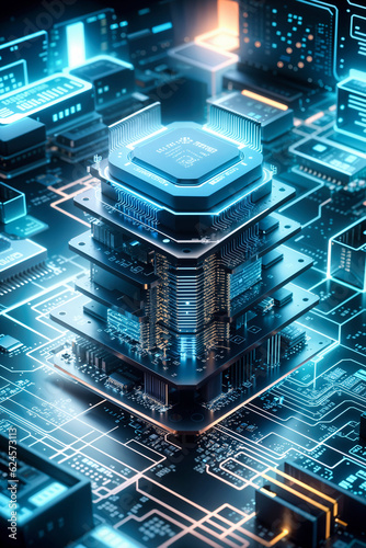 Close-up view of a modern GPU card with circuit and connections 3D rendering