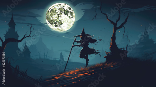 Moonlit Witch: Spooky silhouette of a witch in the night with moonlight and bare trees. Copy space. Halloween concept - AI Generative