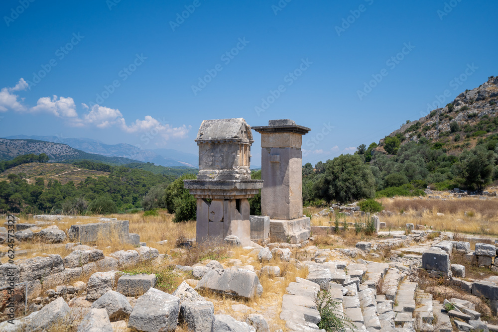 Harpy tomb and the pillared sarcophagus in Xanthos ancient city. Xanthos was a centre of culture and commerce for the Lycians.