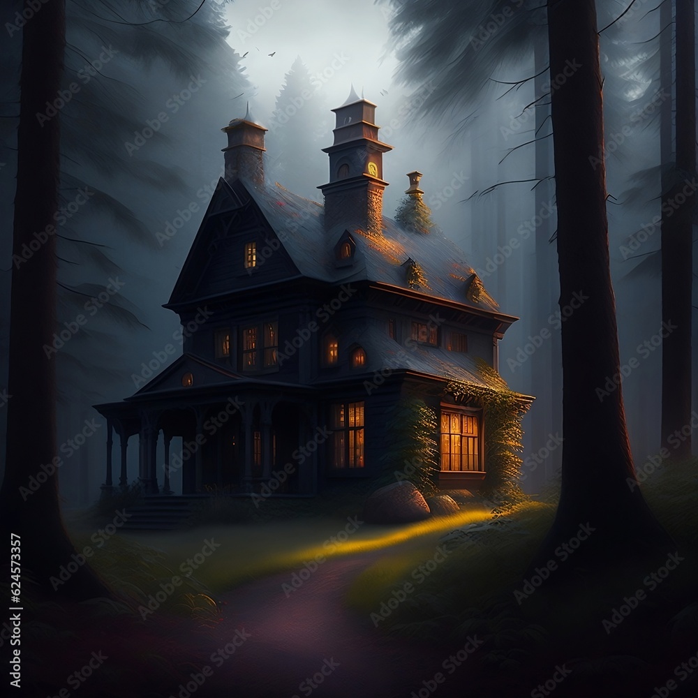 Spooky House in the Woods. Haunted House. Generative Ai. Ai