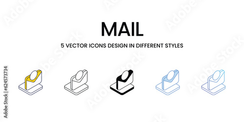 Mail Icon Design in Five style with Editable Stroke. Line, Solid, Flat Line, Duo Tone Color, and Color Gradient Line. Suitable for Web Page, Mobile App, UI, UX and GUI design.