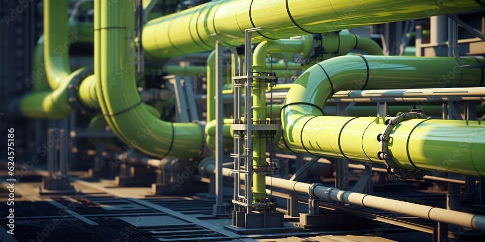 pipes of a refinery, Precisionist Style Reveals the Interconnectedness of Pipeline Systems in Yellow and Green pipes of a refinery, Precisionist Style Reveals the Interconnectedness of Pipeline Systems in Yellow and Green