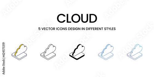 Cloud Icon Design in Five style with Editable Stroke. Line, Solid, Flat Line, Duo Tone Color, and Color Gradient Line. Suitable for Web Page, Mobile App, UI, UX and GUI design.