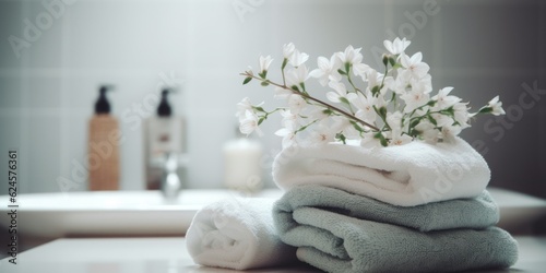 Bathroom Towels on Marble Countertop Adorned with Flowers, Showcasing Photorealistic Detail and Monochromatic Serenity in a Light-Filled, Refreshing Ambiance