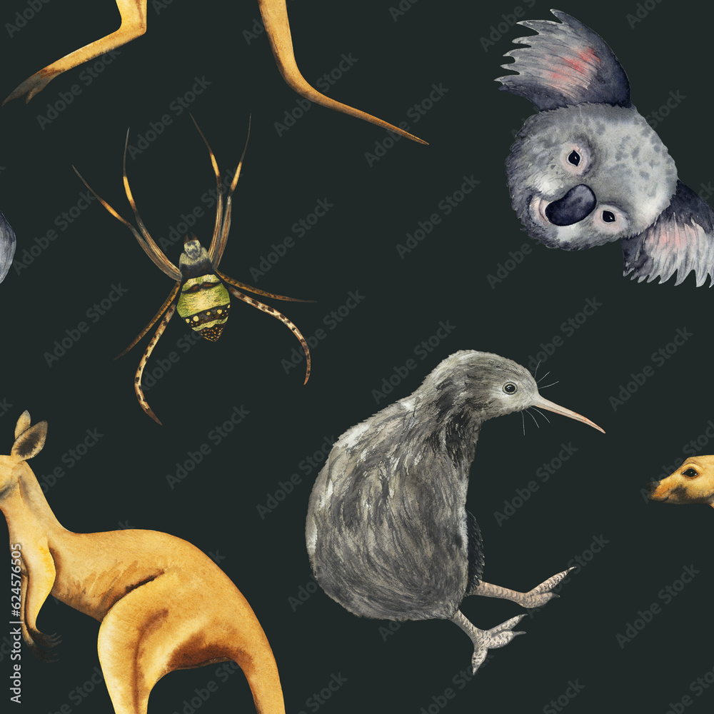 Obraz premium Animals watercolor seamless pattern with koala, kangaroo, spider, kiwi bird isolated on black. For kids print, wrapping paper, animal background. Australia and New Zealand fauna.