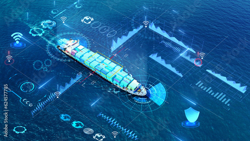 AI technology Cargo Container Ship. Tehcnology Global Logistics international delivery concept, World map logistic and supply chain network distribution Container Ship running to customs ocean concept