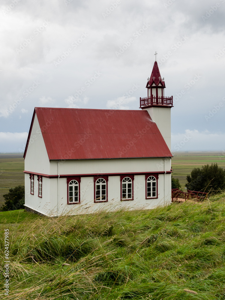 Scenic church at Hlidarendi in Southern Iceland, a famous place in Icelandic historical literature