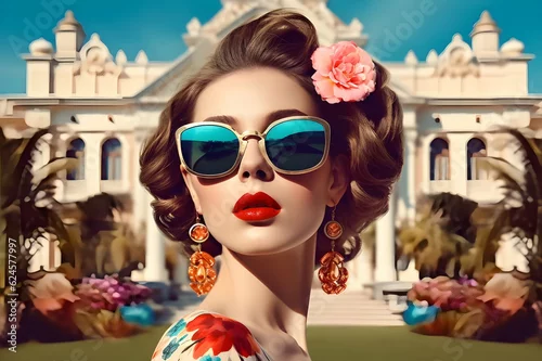 Obraz Amazing looking young woman in sunglasses with flowers in her hair; mansion in background. Generative AI.
