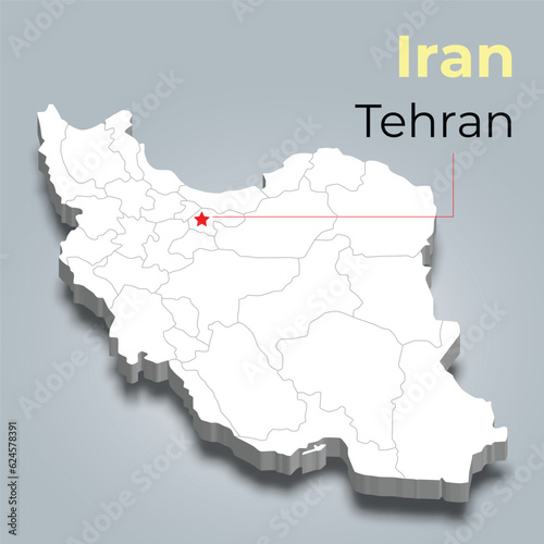Iran 3d map with borders of regions and it’s capital