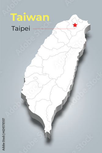 Taiwan 3d map with borders of regions and it’s capital