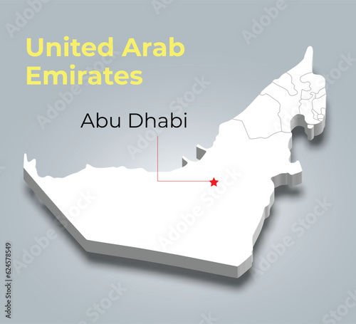 United Arab Emirates 3d map with borders of regions