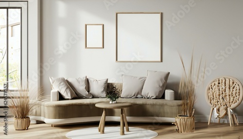 Mock up frame in cozy home interior background  coastal style bedroom