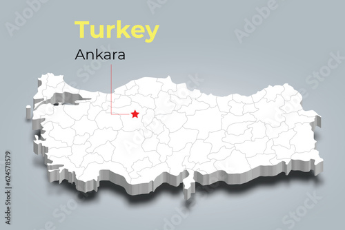 Turkey 3d map with borders of regions and it’s capital
