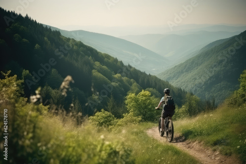 Mountain biking woman riding on bike in summer mountains forest landscape, generative AI