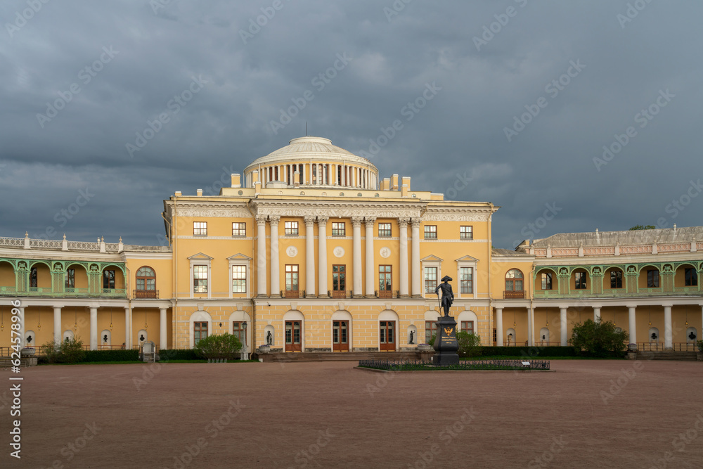 Summer Palace of Emperor Paul I in Pavlovsk and the the monument to Emperor Paul I on a summer day, Pavlovsk, St. Petersburg Russia