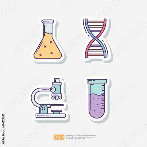 Chemistry lab flask, DNA helix, microscope lens, chemical test tube. Medical and health sticker set icon. Vector Illustration