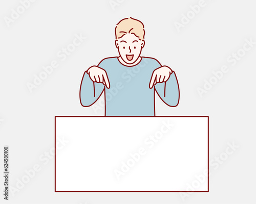 Cheerful Young  man Leaning And Pointing Down At Blank White Advertisement Board With Two Fingers.  Hand drawn style vector design illustrations.
