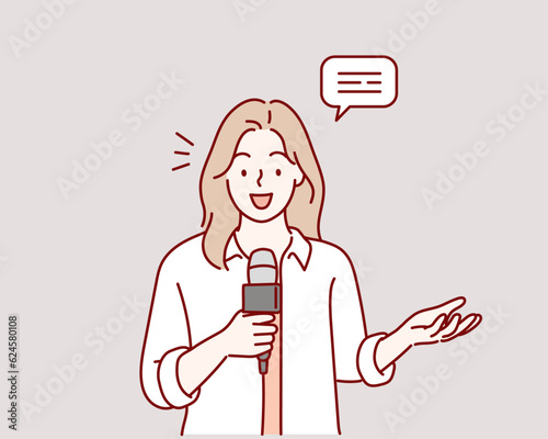 woman is a journalist who interviews. Reporter woman. Hand drawn style vector design illustrations. Hand drawn style vector design illustrations.