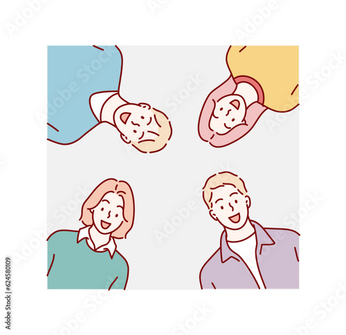 Group of people gathering together. Looking down. Hand drawn style vector design illustrations.