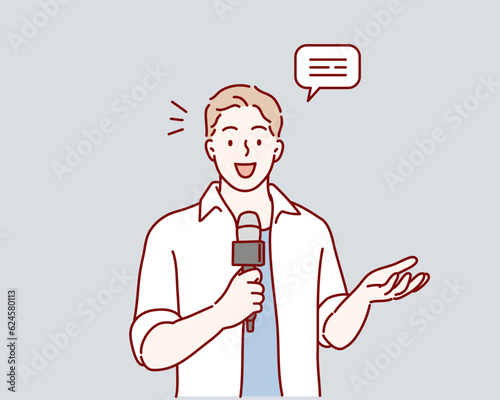 man is a journalist who interviews. Reporter woman. Hand drawn style vector design illustrations.